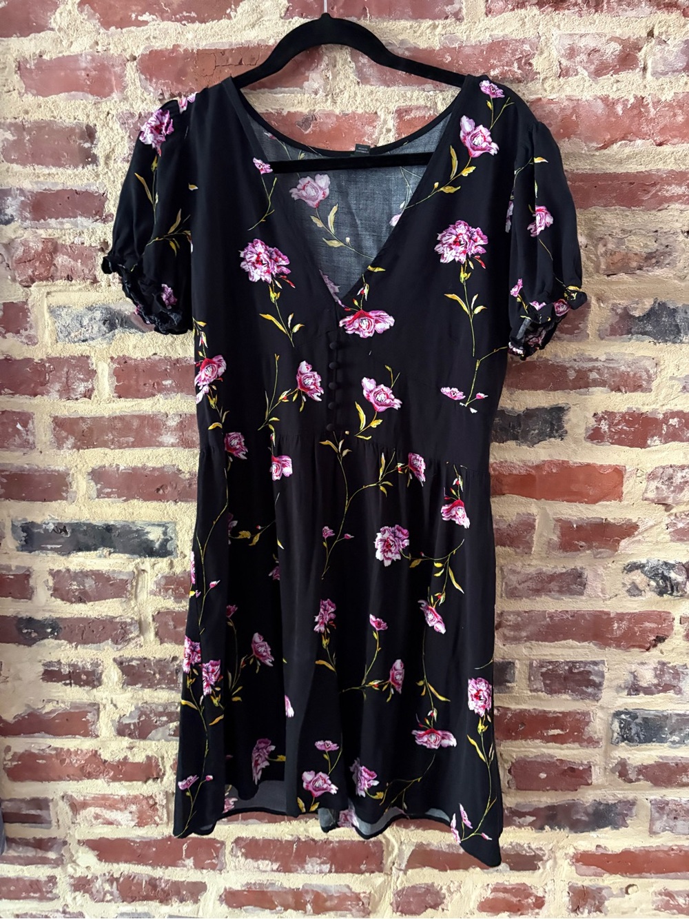 wild fable Black Floral V-Neck Mini Dress with Pink Blooms